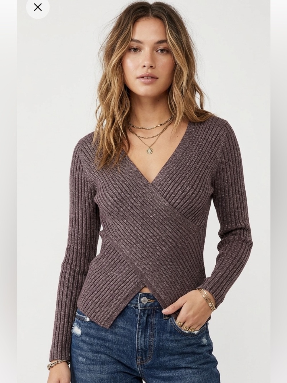 HEARTLOOM Tory Sparkle KnitWrap Sweater Top Brown Metallic Size S Boho